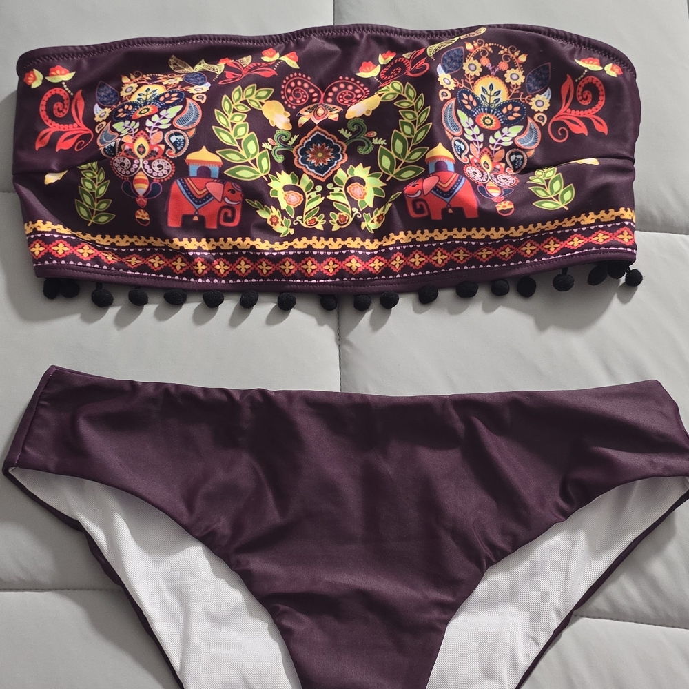 New WO Tags Boho Strapless Bikini Set with Colorful Elephant Print - Plum